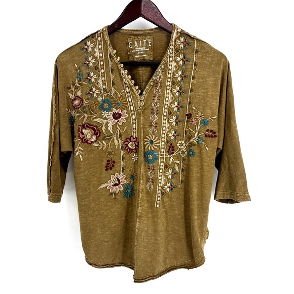 Caite Tops - CAITE Embroidered Top Womens Small Bohemian Cotton Half Sleeve Brown Anthro